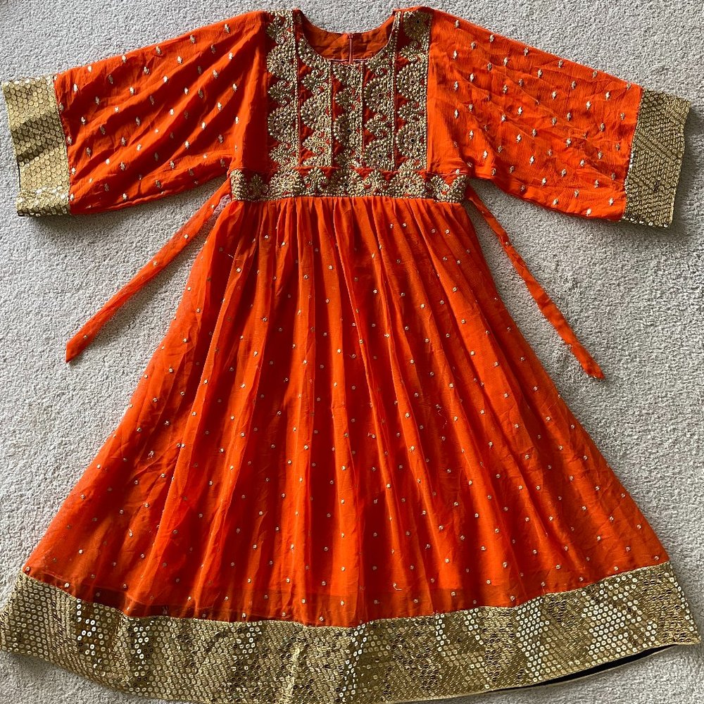 Afghan Traditional Ethnic Dress with handmade embroidery in color Orange